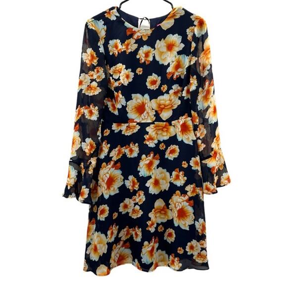 Betsey Johnson Navy Blue‎ & White Floral Print Chiffon Fit & Flare Dress Size 6 - Picture 2 of 8